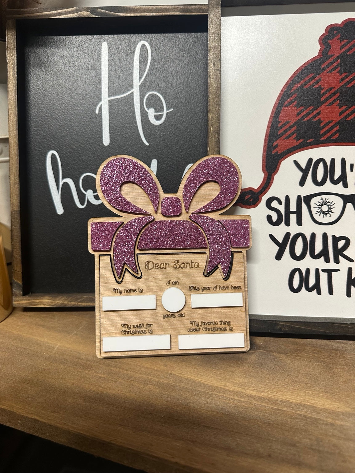 4.5 × 6-inch Dear Santa dry erase board with a wooden base and pink glitter acrylic bow
