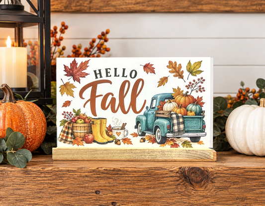 Hello Fall vintage teal pumpkin truck, boots and falling leaves 4x6 wooden shelf sitter styled on autumn farmhouse mantel