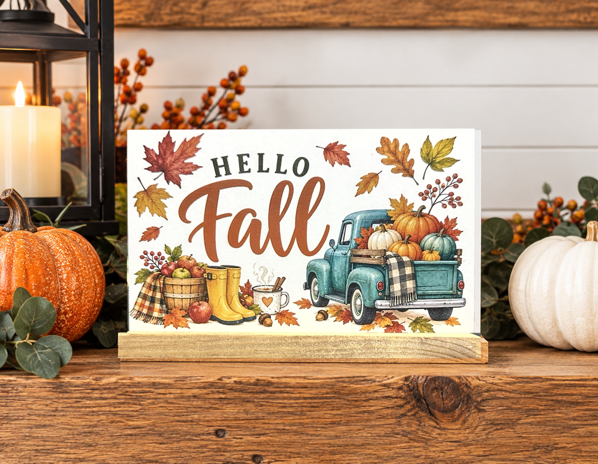 Hello Fall vintage truck 4x6 wooden seasonal shelf sitter