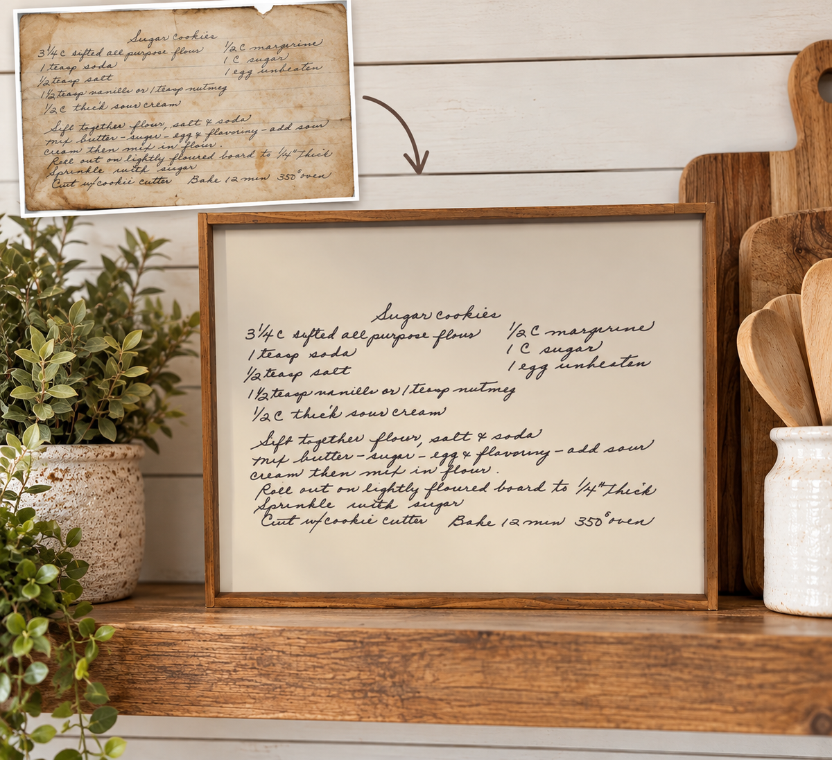 Sugar Cookies handwritten family recipe shown before and after on a framed wood sign with shiplap shelf styling