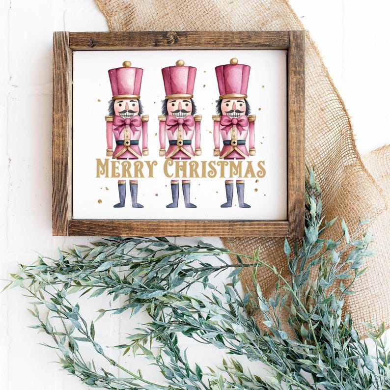 Pink Nutcracker Merry Christmas Framed Wood Sign