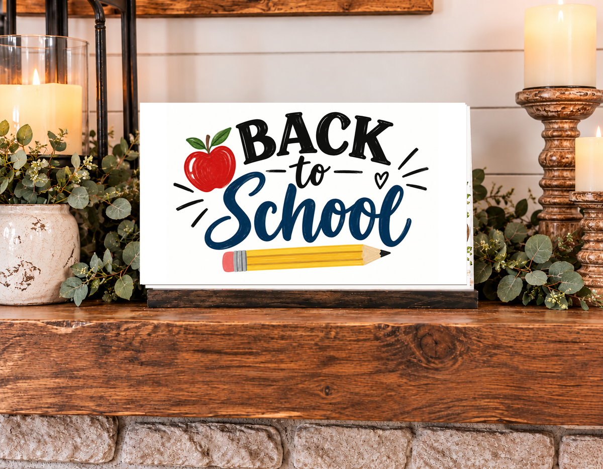 Simply UV Prints interchangeable 4x6 Back to School shelf sitter displayed on wood fireplace mantel