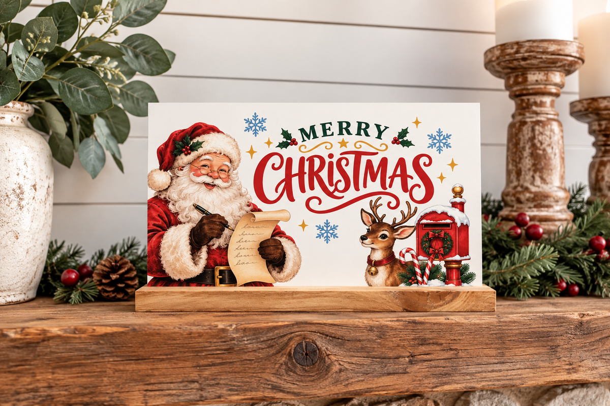 Simply UV Prints interchangeable 4x6 Christmas Santa shelf sitter displayed on wood fireplace mantel