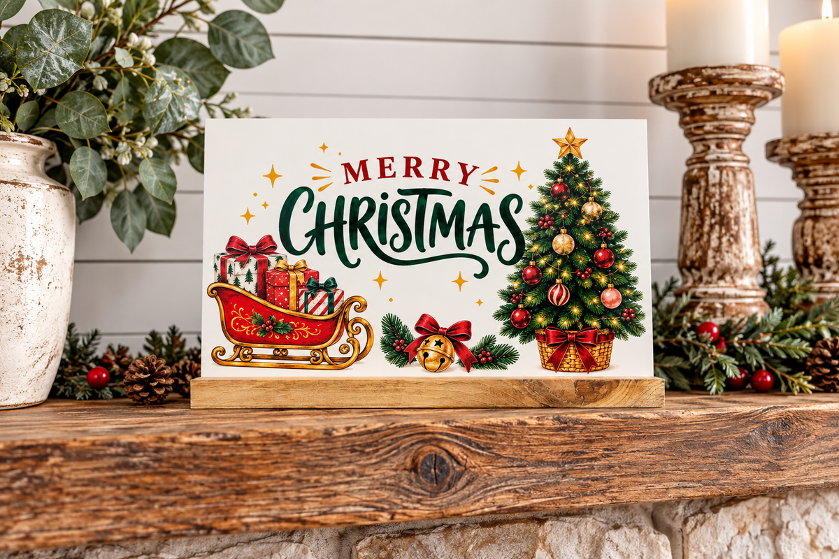 Simply UV Prints interchangeable 4x6 Christmas Tree shelf sitter displayed on wood fireplace mantel