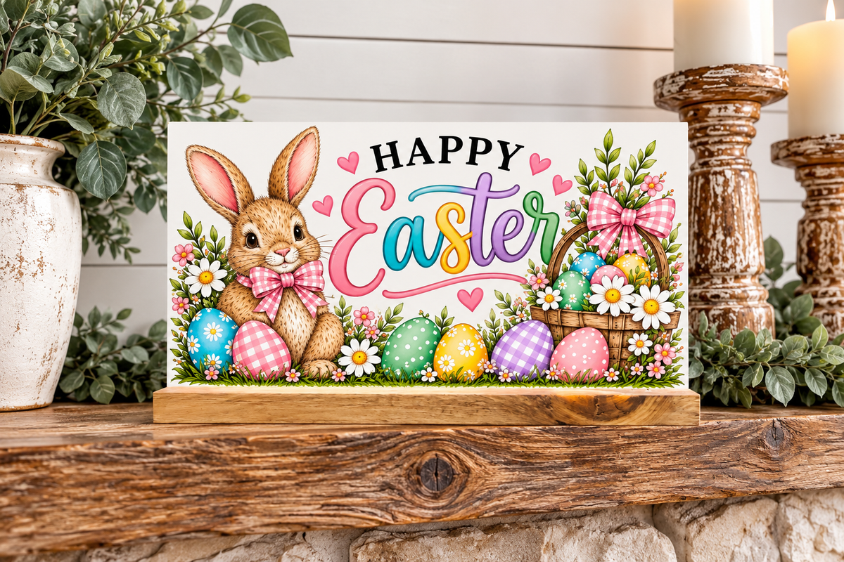 Simply UV Prints interchangeable 4x6 Easter shelf sitter displayed on wood fireplace mantel