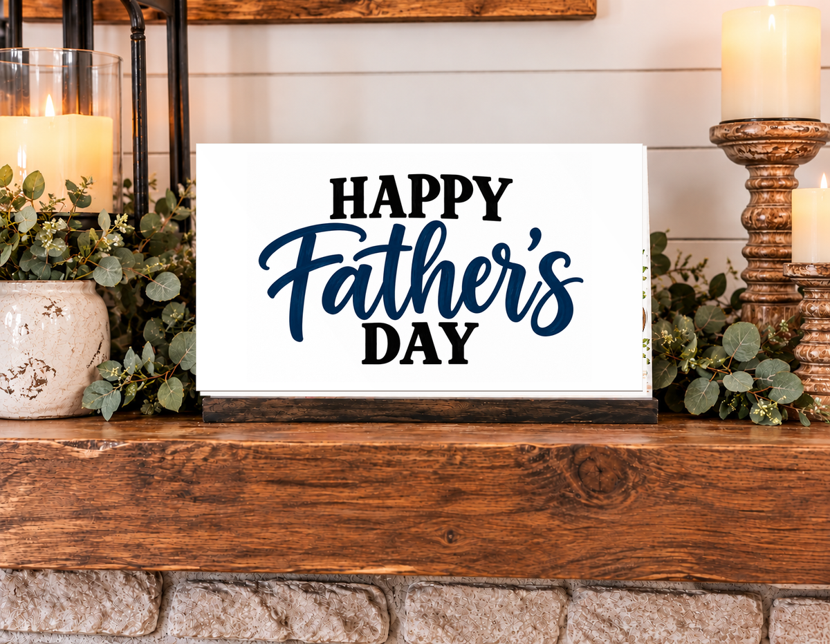 Simply UV Prints interchangeable 4x6 Fathers Day shelf sitter displayed on wood fireplace mantel