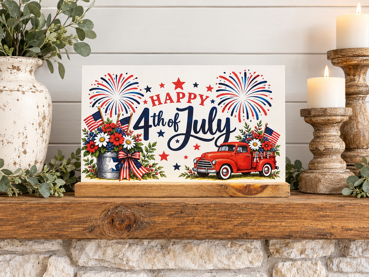 Simply UV Prints interchangeable 4x6 Fourth of July shelf sitter displayed on wood fireplace mantel