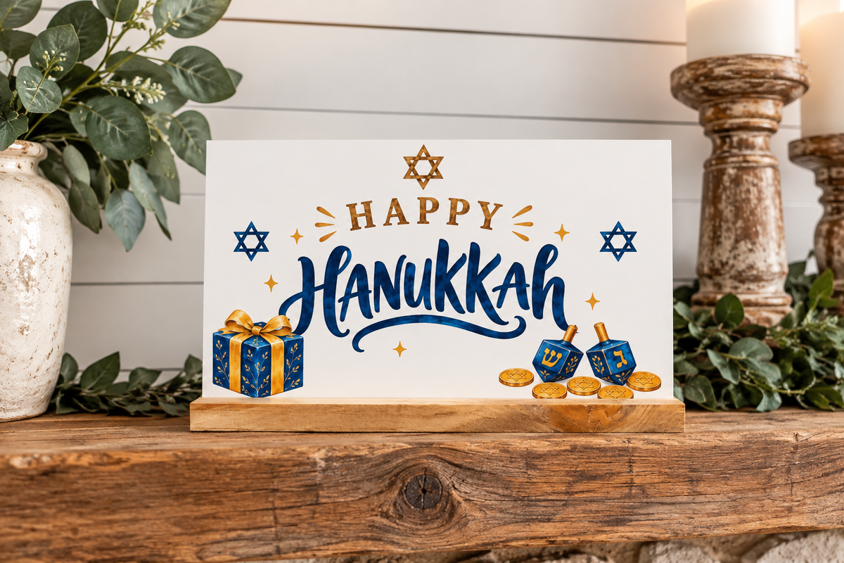 Simply UV Prints interchangeable 4x6 Hanukkah shelf sitter displayed on wood fireplace mantel