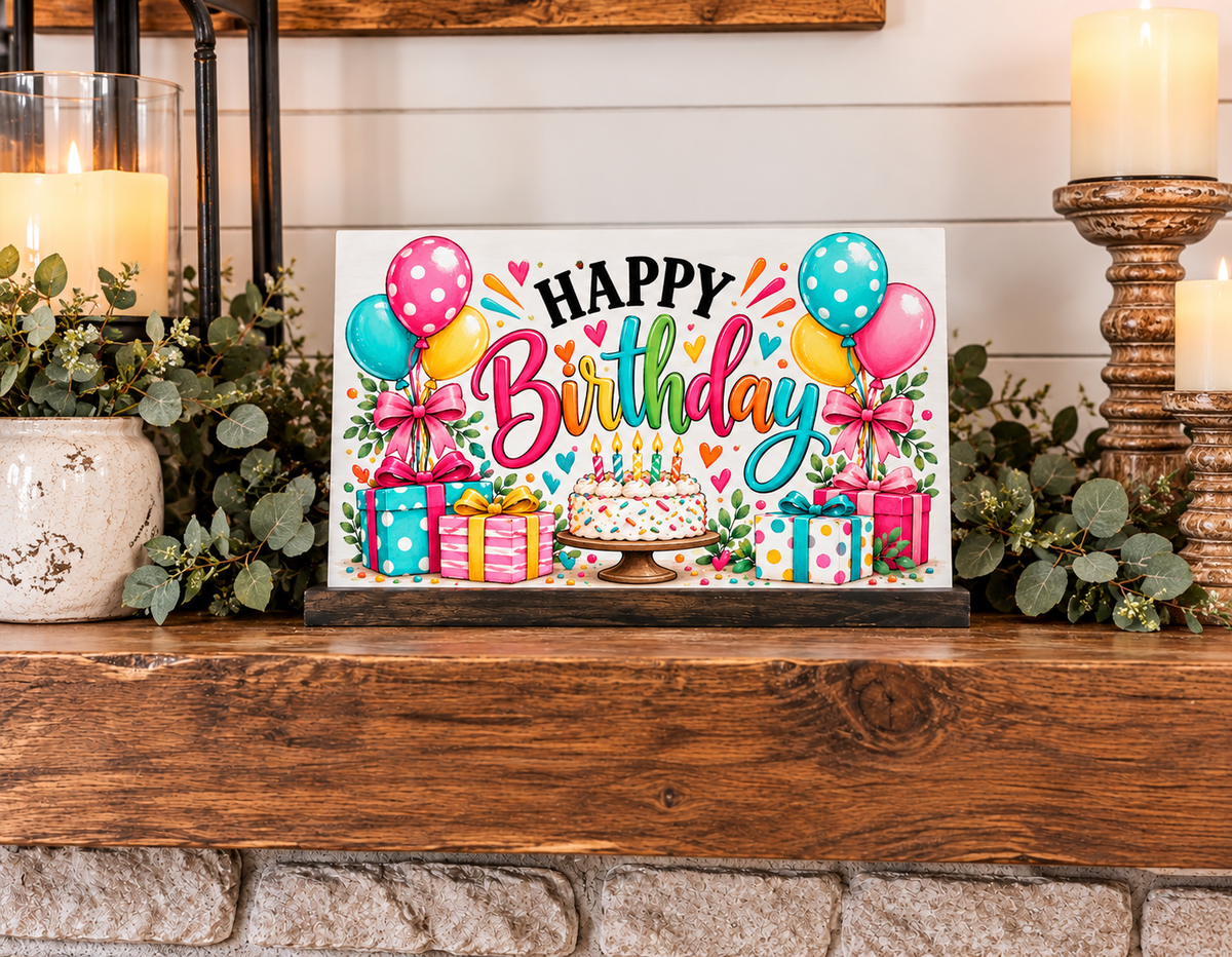 Simply UV Prints interchangeable 4x6 Happy Birthday shelf sitter displayed on wood fireplace mantel