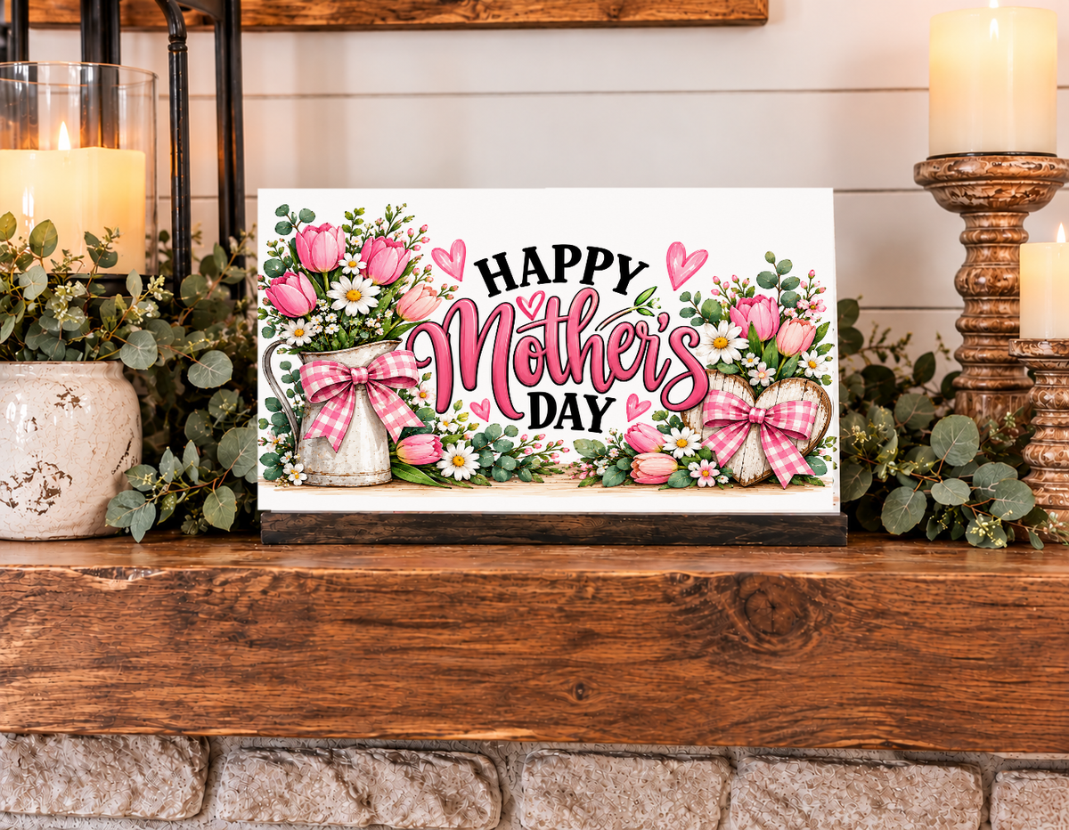 Simply UV Prints interchangeable 4x6 Mothers Day shelf sitter displayed on wood fireplace mantel