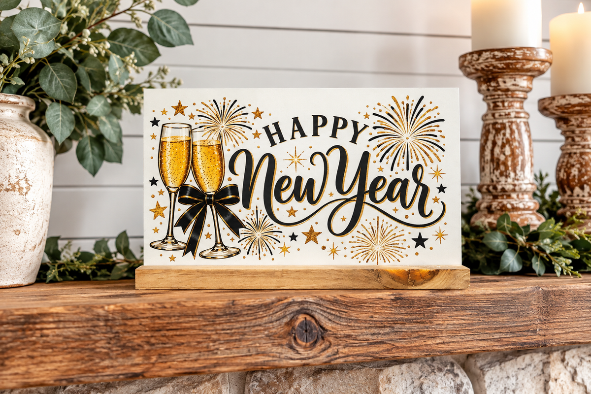 Simply UV Prints interchangeable 4x6 New Year shelf sitter displayed on wood fireplace mantel