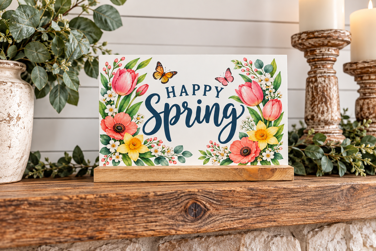 Simply UV Prints interchangeable 4x6 Spring shelf sitter displayed on wood fireplace mantel