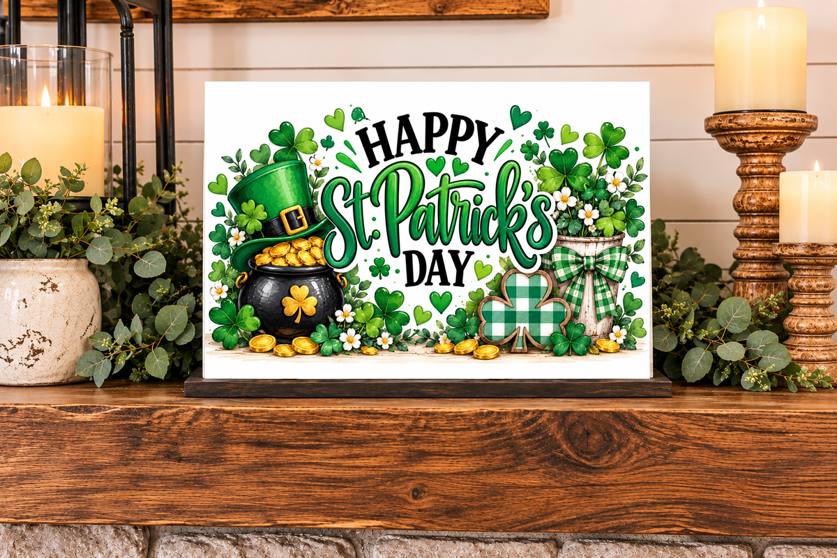 Simply UV Prints interchangeable 4x6 St Patricks Day shelf sitter displayed on wood fireplace mantel