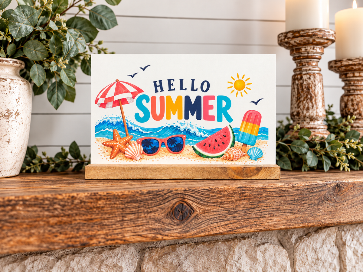 Simply UV Prints interchangeable 4x6 Summer shelf sitter displayed on wood fireplace mantel