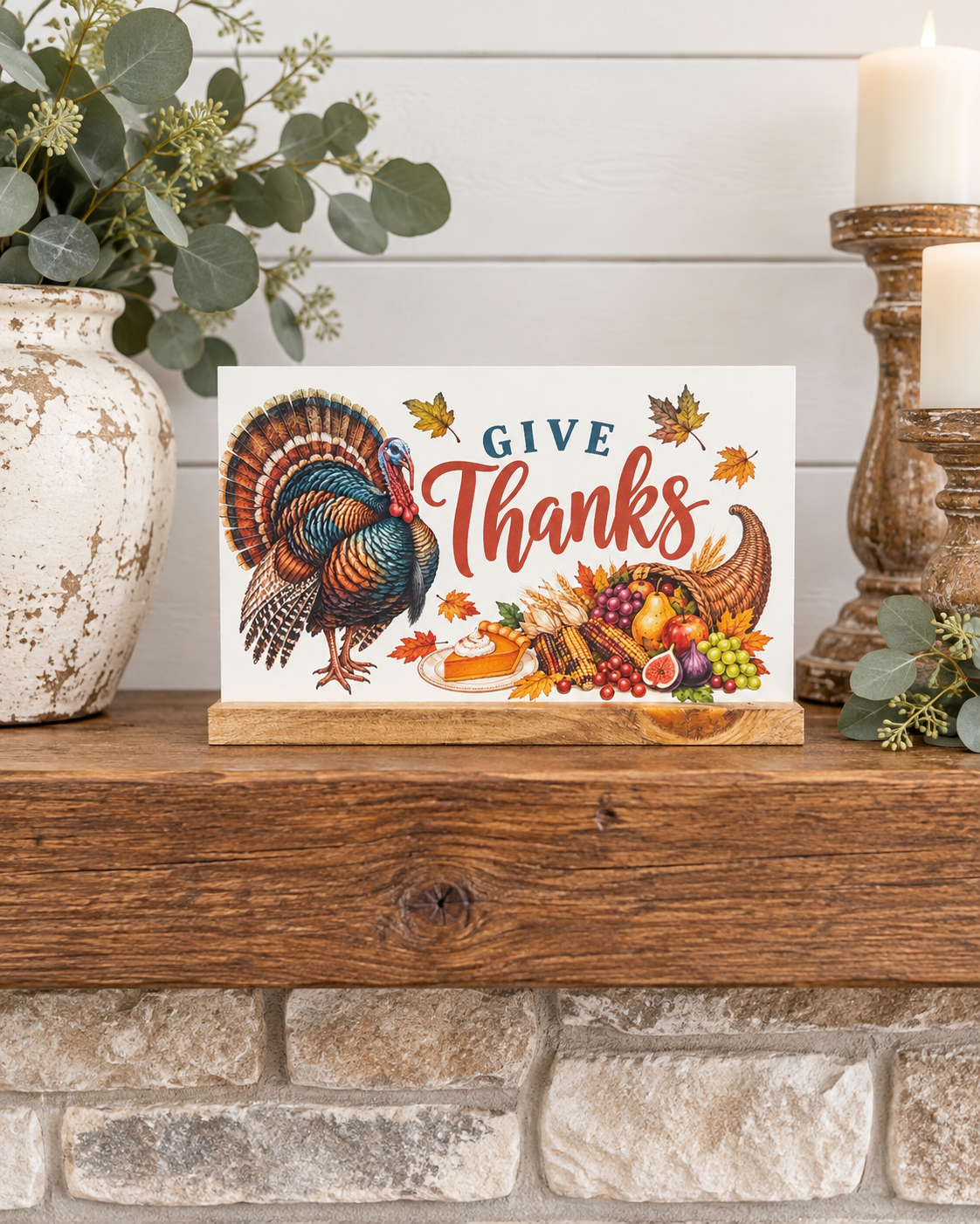 Simply UV Prints interchangeable 4x6 Thanksgiving shelf sitter displayed on wood fireplace mantel