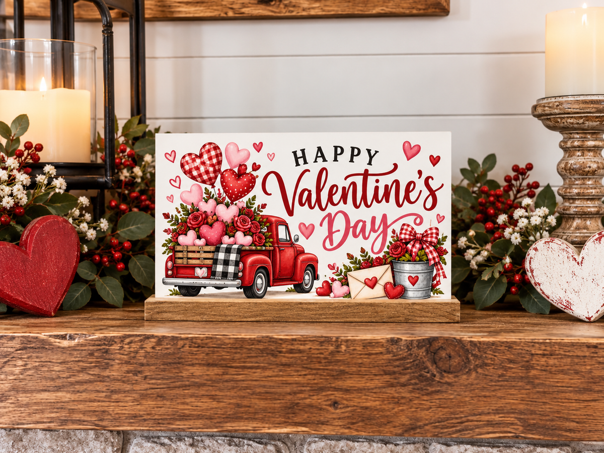 Simply UV Prints interchangeable 4x6 Valentines Day shelf sitter displayed on wood fireplace mantel