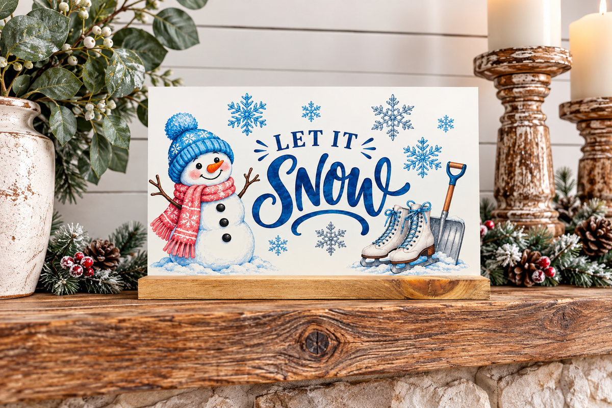 Simply UV Prints interchangeable 4x6 Winter shelf sitter displayed on wood fireplace mantel