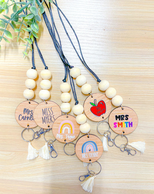 Personalized Custom Teacher Nurse Keychain Lanyard Farmhouse Bead Tassel wood sign