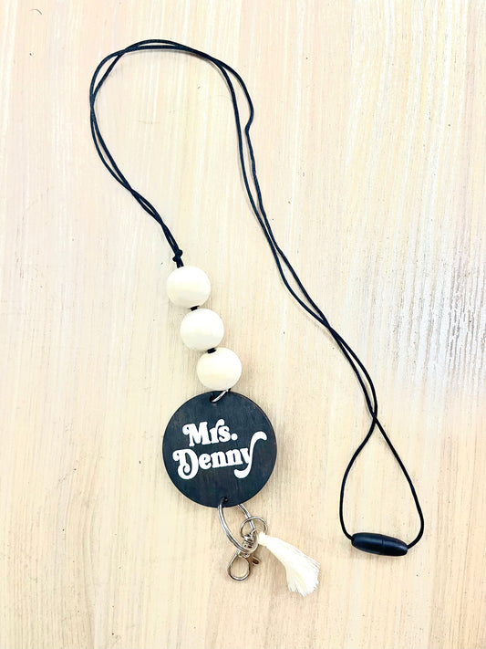 Black Personalized Custom Teacher Nurse Keychain Lanyard Farmhouse Bead Tassel wood sign