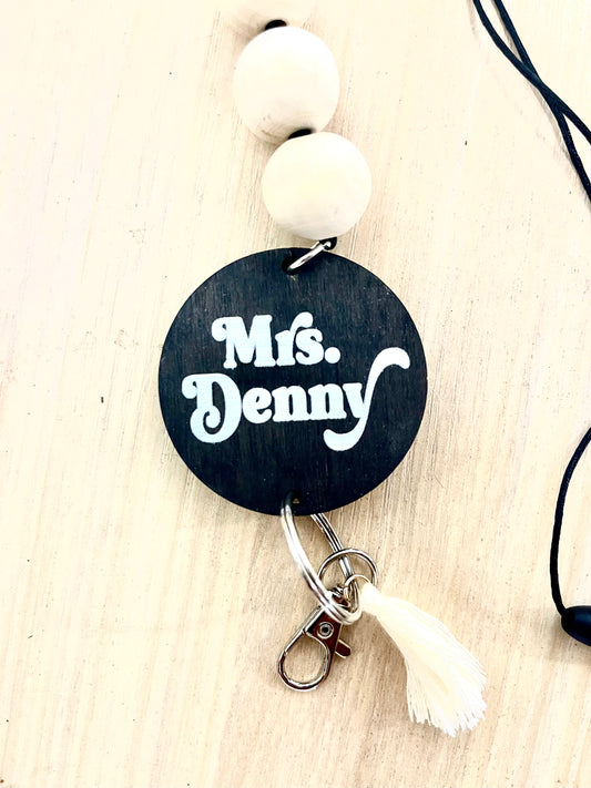 Black Personalized Custom Teacher Nurse Keychain Lanyard Farmhouse Bead Tassel wood sign