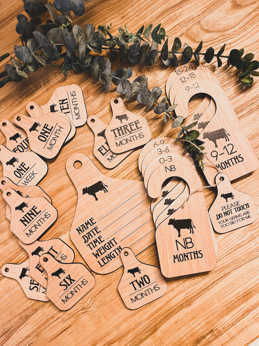 Cattle Ear Tag Baby Milestone cards + closet hangers + Announcement ; photo props; new born; babyshower gift Western Country
