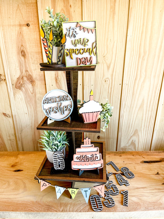 DIY Happy Birthday Part Celebration Seasonal Tiered Tray
