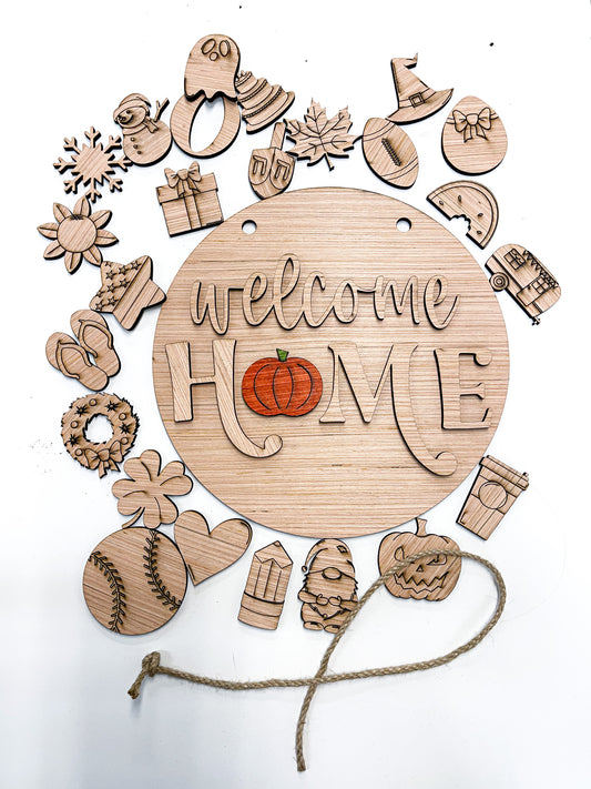 DIY Paint Kit, Welcome Home seasonal change icon circle door hanging sign