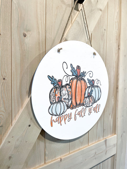 Happy Fall Y'all Pumpkin White Circle Door Hanger