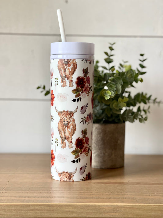 Watercolor Highland Cow Flower Personalized Skinny Tumbler with Lid and Straw, 16 oz Matte Black Acrylic Tumbler Insulated Double Wall Plastic Reusable Cups