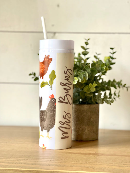 Cute Chicken Personalized Skinny Tumbler with Lid and Straw, 16 oz Matte Black Acrylic Tumbler Insulated Double Wall Plastic Reusable Cups