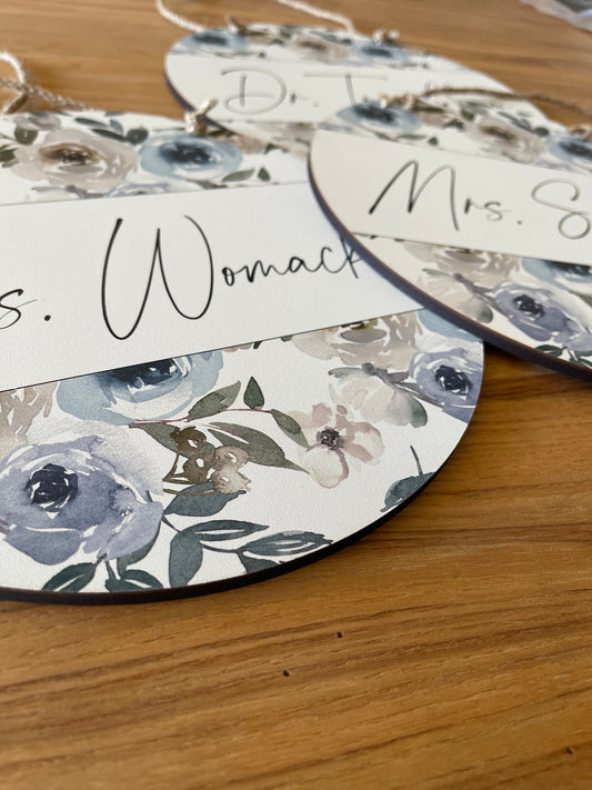 Blue Watercolor floral Circle Teacher Name Sign; Round wood sign