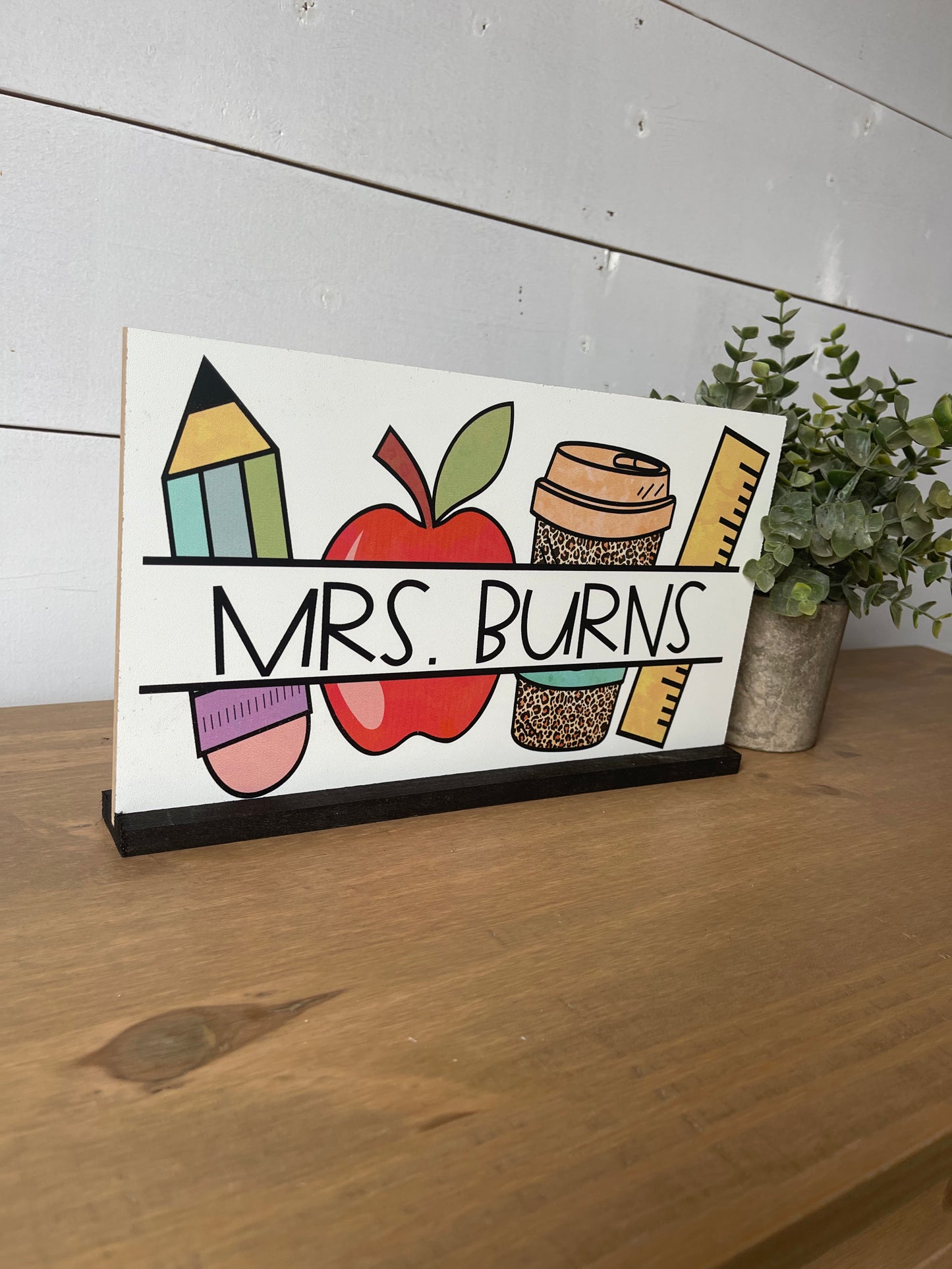 Personalized Teacher Desk Name Plate Shelf Sitter Removable Sign | Coffee apple leopard pencil
