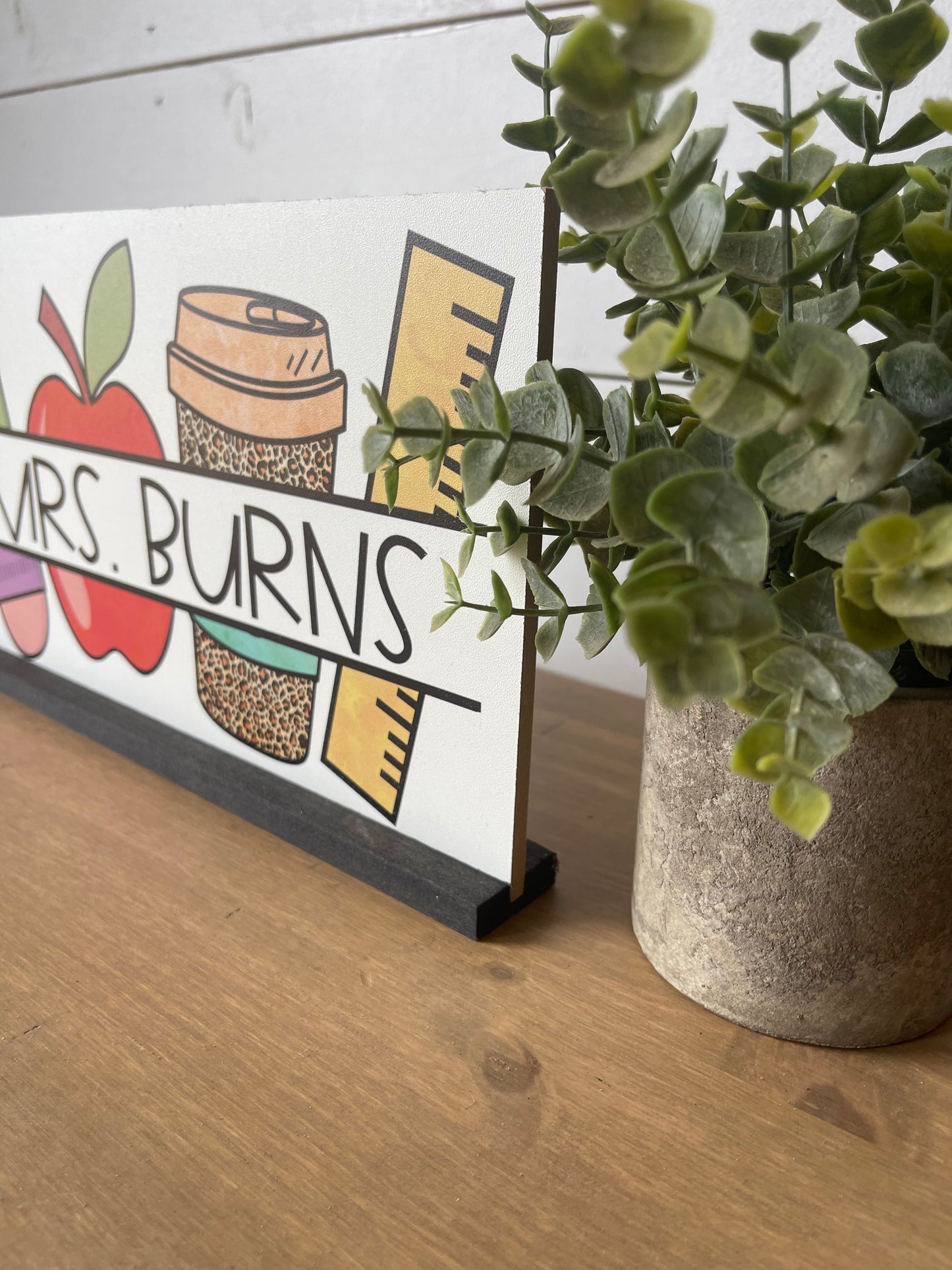 Personalized Teacher Desk Name Plate Shelf Sitter Removable Sign | Coffee apple leopard pencil