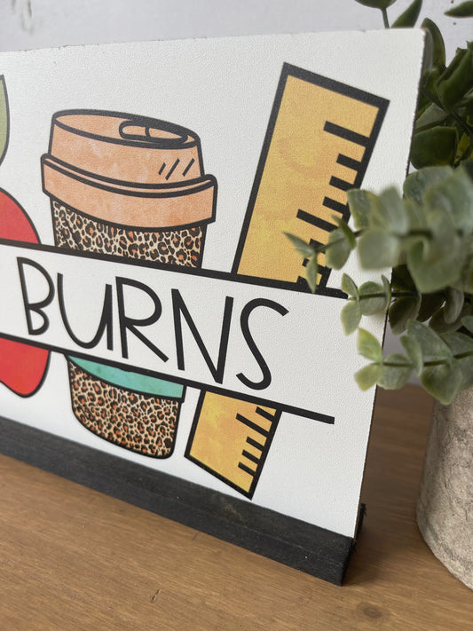 Personalized Teacher Desk Name Plate Shelf Sitter Removable Sign | Coffee apple leopard pencil