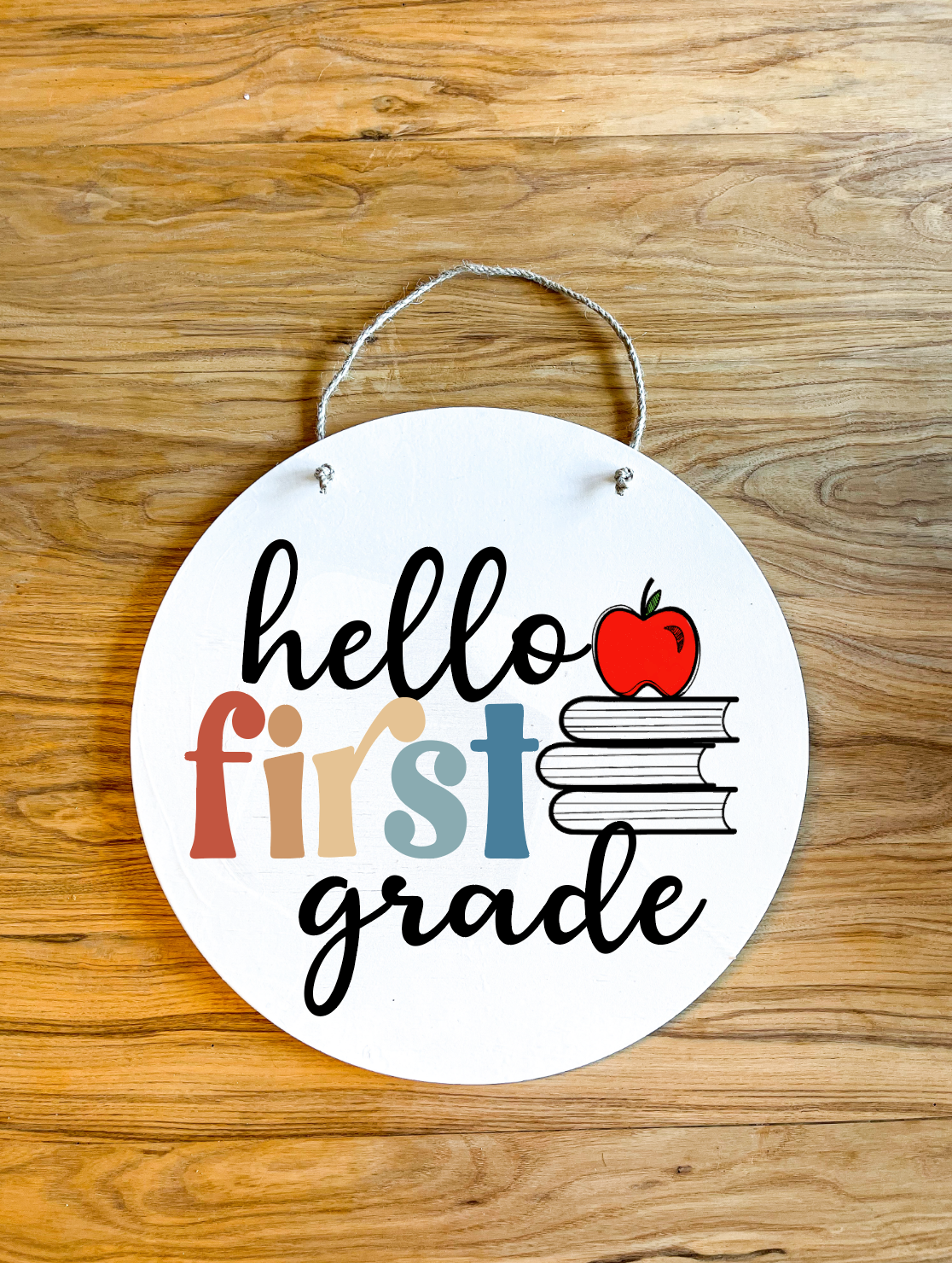 Hello Grade Level Colorful retro Wood Circle Teacher Name Sign