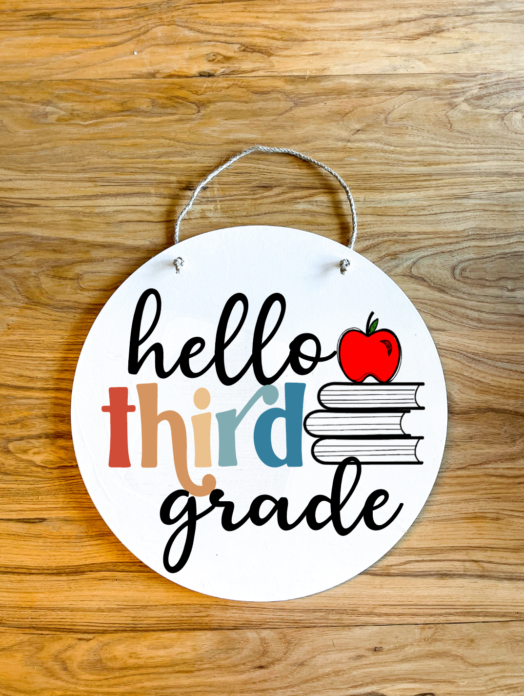 Hello Grade Level Colorful retro Wood Circle Teacher Name Sign