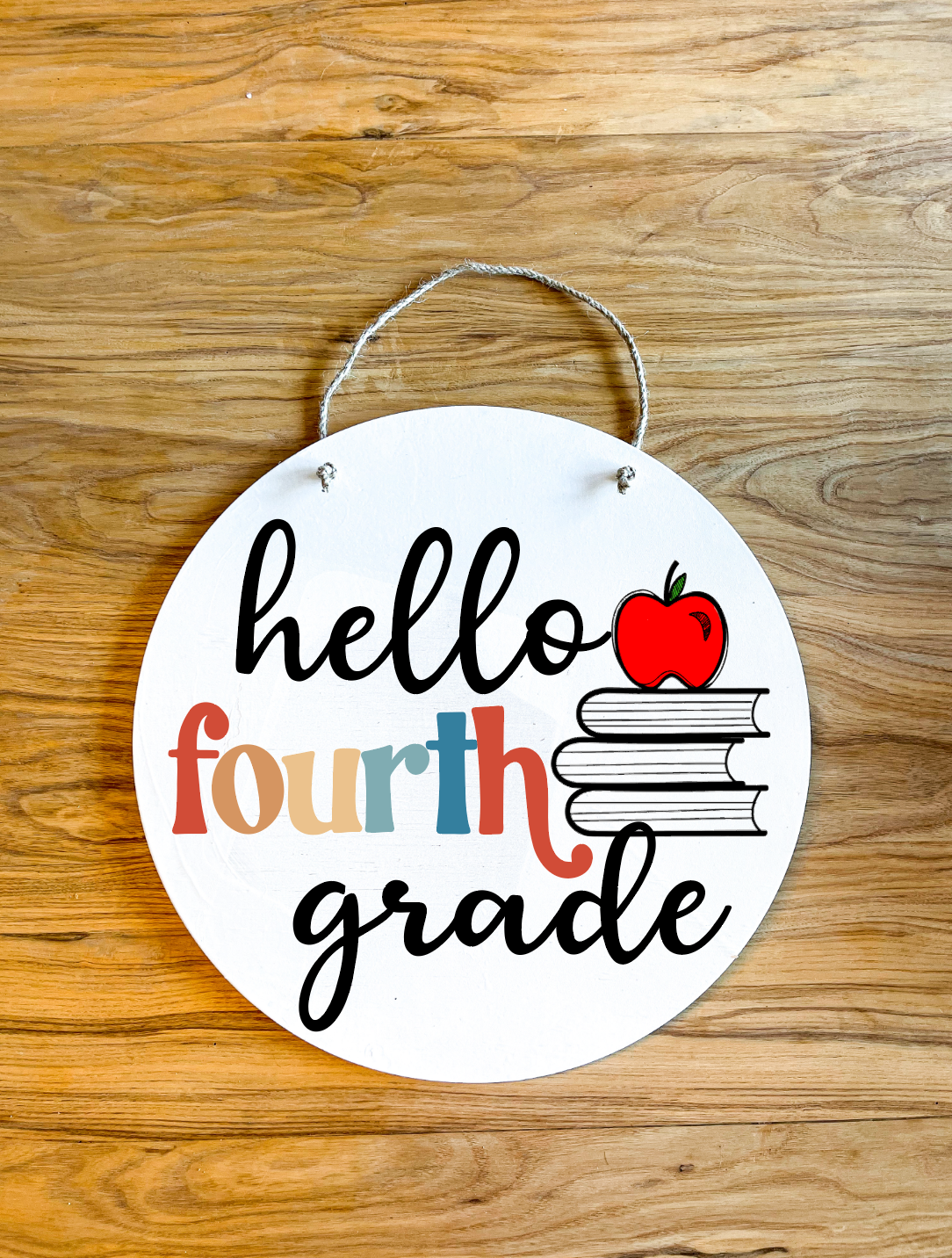 Hello Grade Level Colorful retro Wood Circle Teacher Name Sign