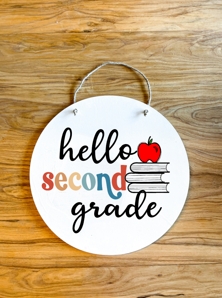 Hello Grade Level Colorful retro Wood Circle Teacher Name Sign