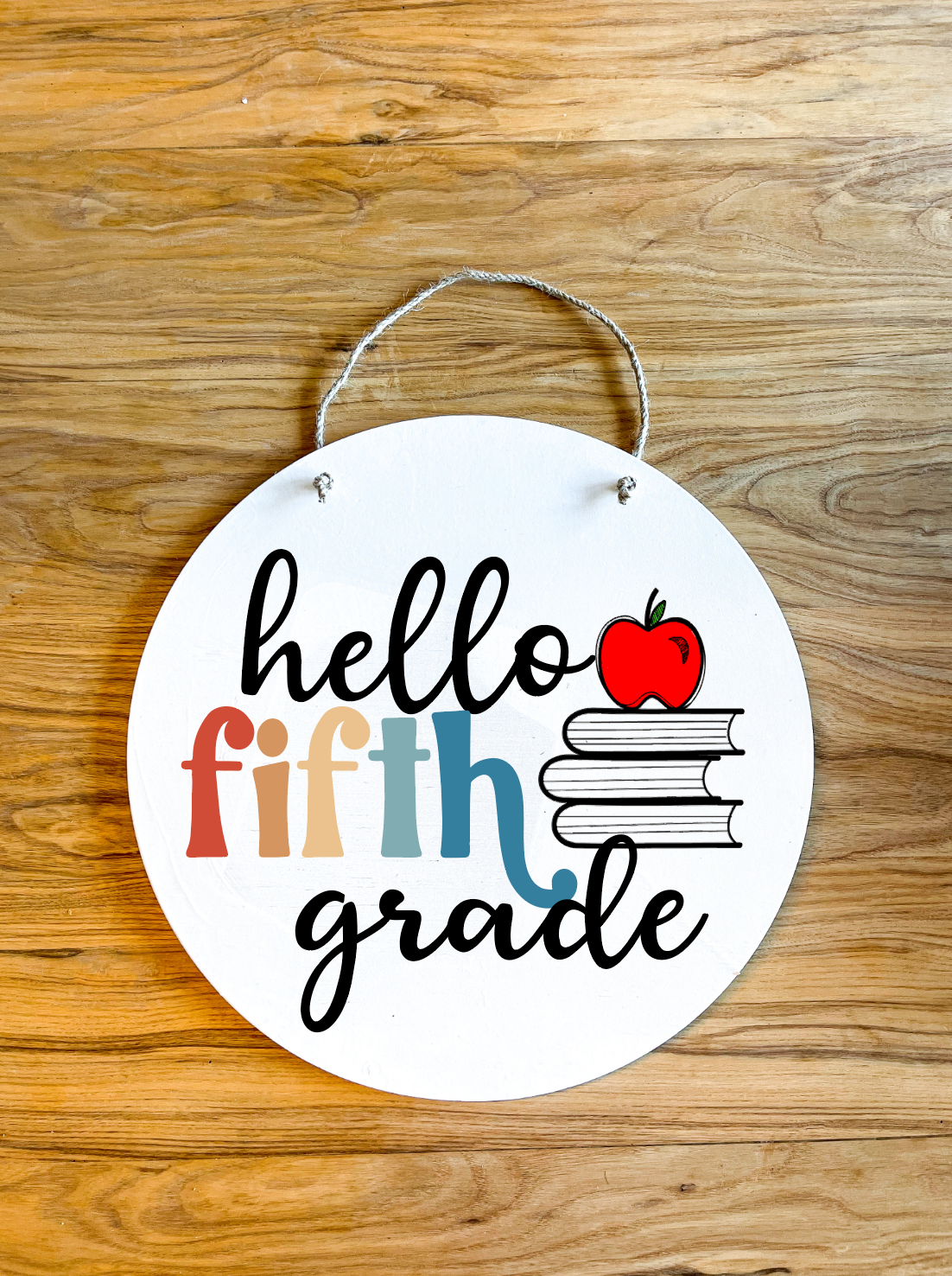 Hello Grade Level Colorful retro Wood Circle Teacher Name Sign