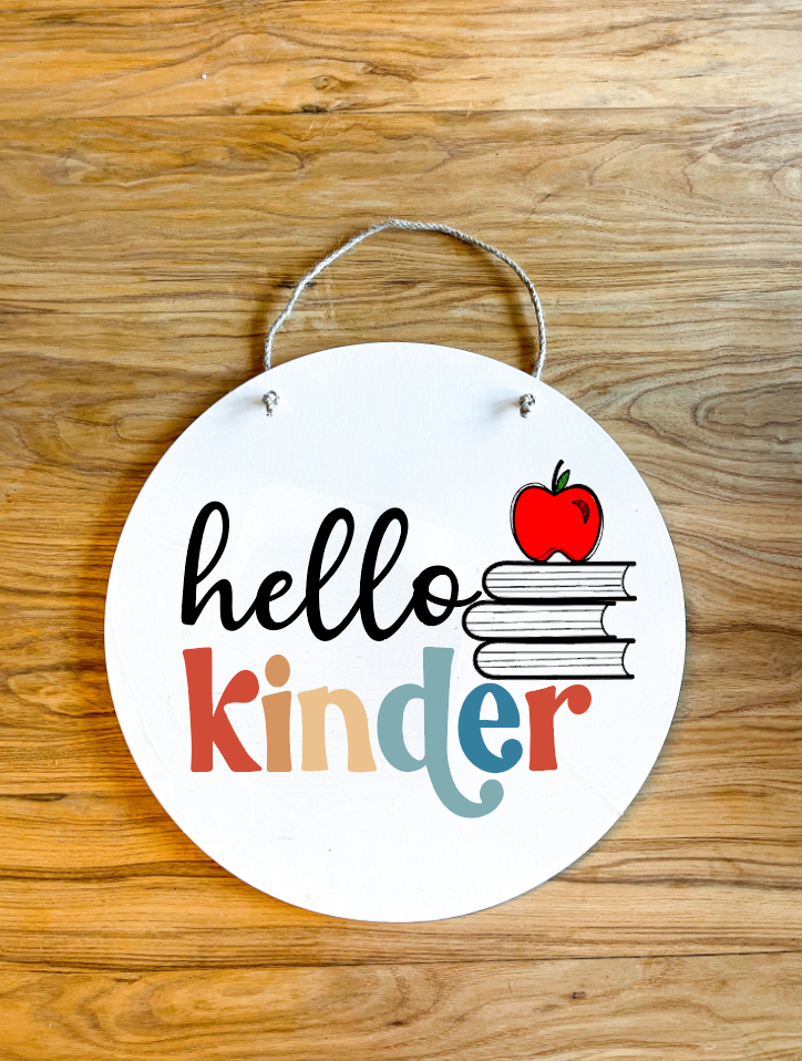Hello Grade Level Colorful retro Wood Circle Teacher Name Sign
