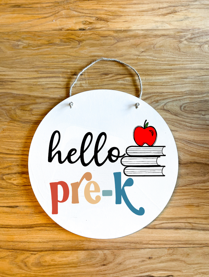 Hello Grade Level Colorful retro Wood Circle Teacher Name Sign