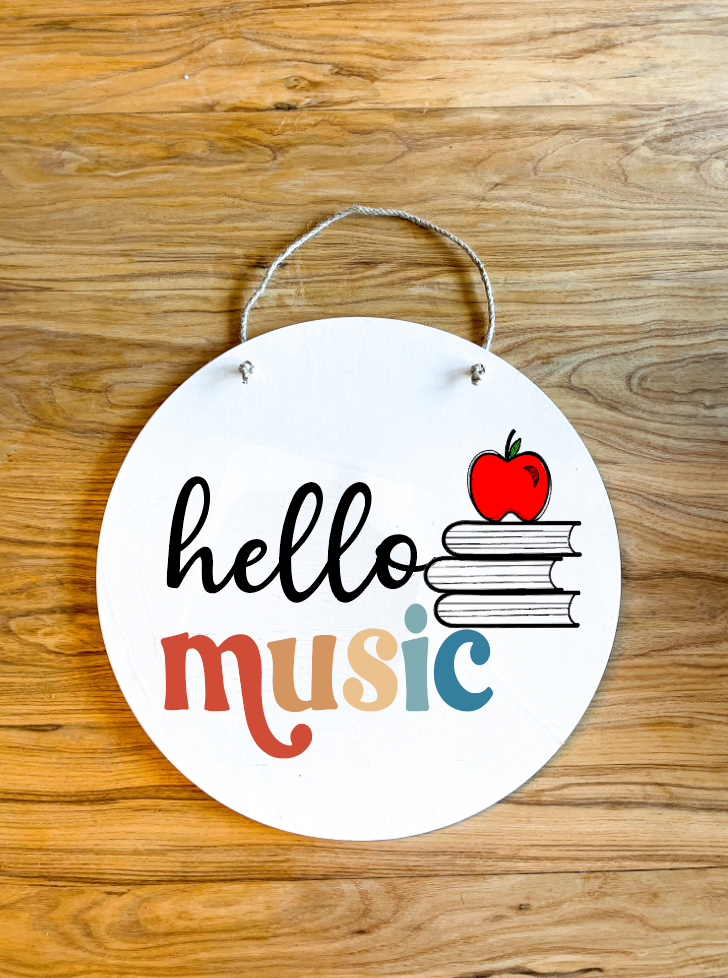 Hello Grade Level Colorful retro Wood Circle Teacher Name Sign