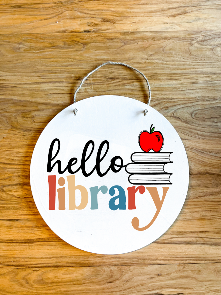Hello Grade Level Colorful retro Wood Circle Teacher Name Sign