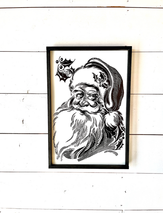 Traditional black and white santa claus christmas wood sign
