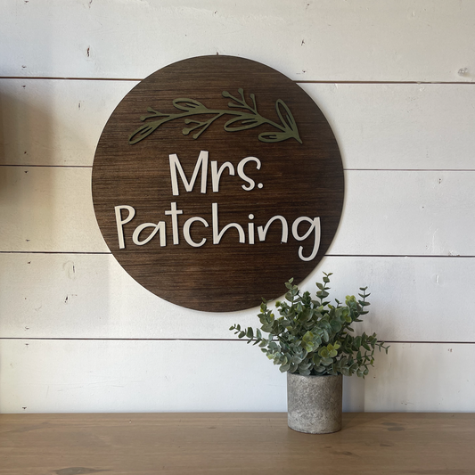 Teacher Wreath Leaves 3D Raised Letter wood circle sign