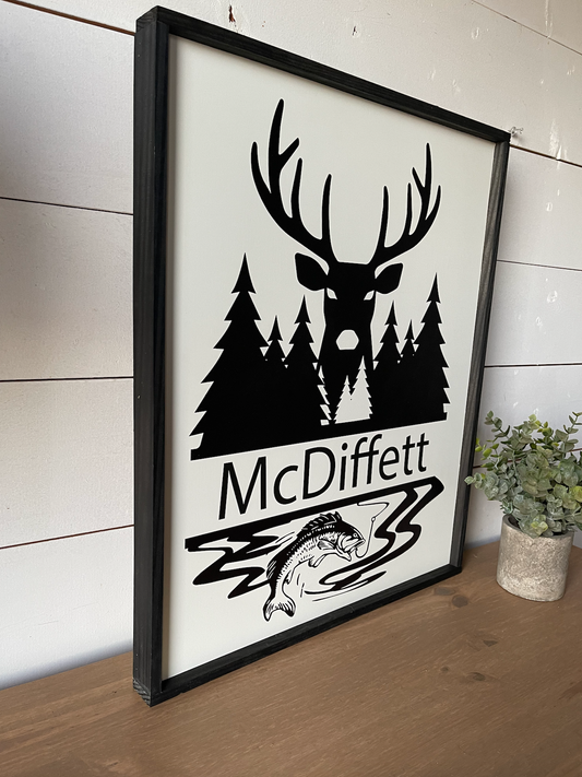 Outdoors Deer Hunting Fishing Last Name Customized Family Man Cave Sign