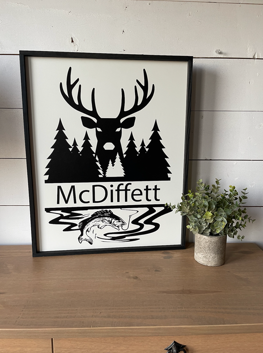 Outdoors Deer Hunting Fishing Last Name Customized Family Man Cave Sign