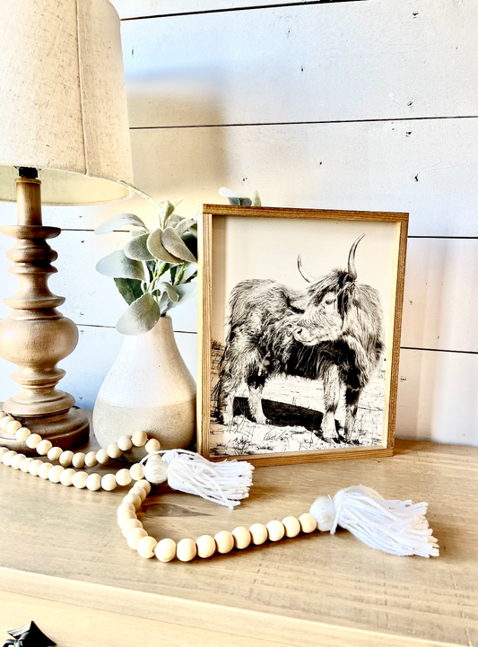 Lola Looking Back Highland Cow Black and White Highland Cow fluffy farmhouse wood sign
