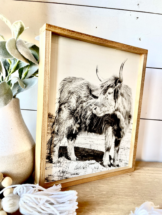 Lola Looking Back Highland Cow Black and White Highland Cow fluffy farmhouse wood sign