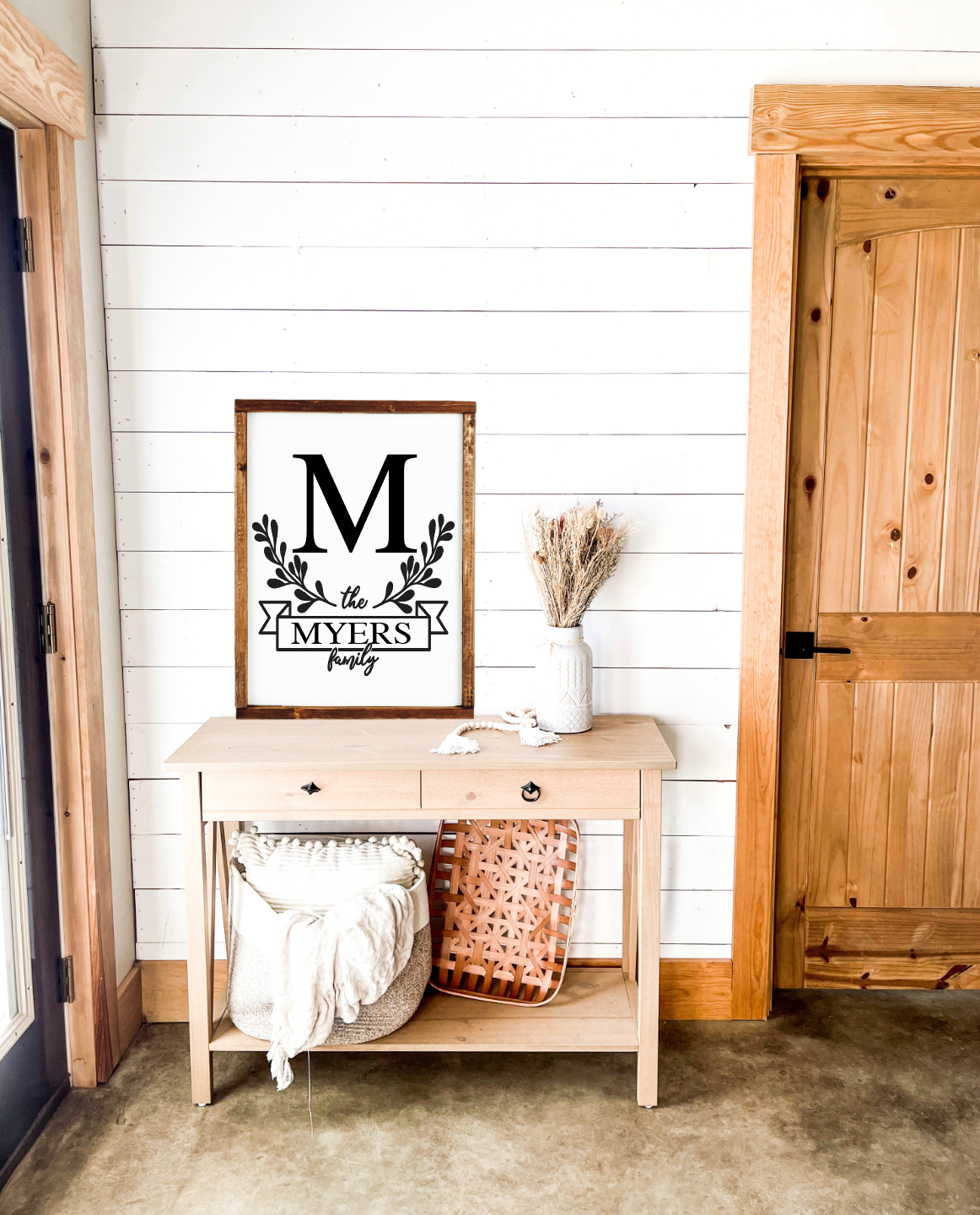 Monogram 2 Collection family name greenery leaves  banner  farmhouse new wood sign